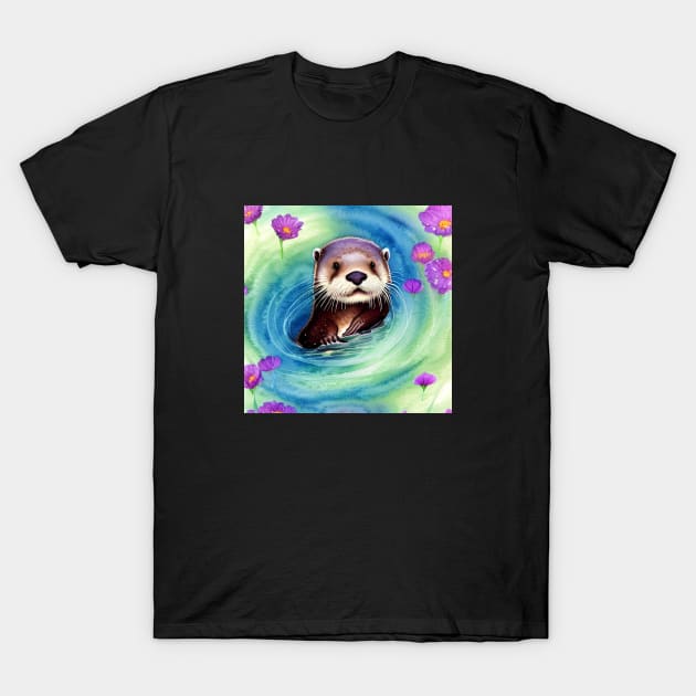 Otter Whirlpool with Flowers T-Shirt by ArtistsQuest